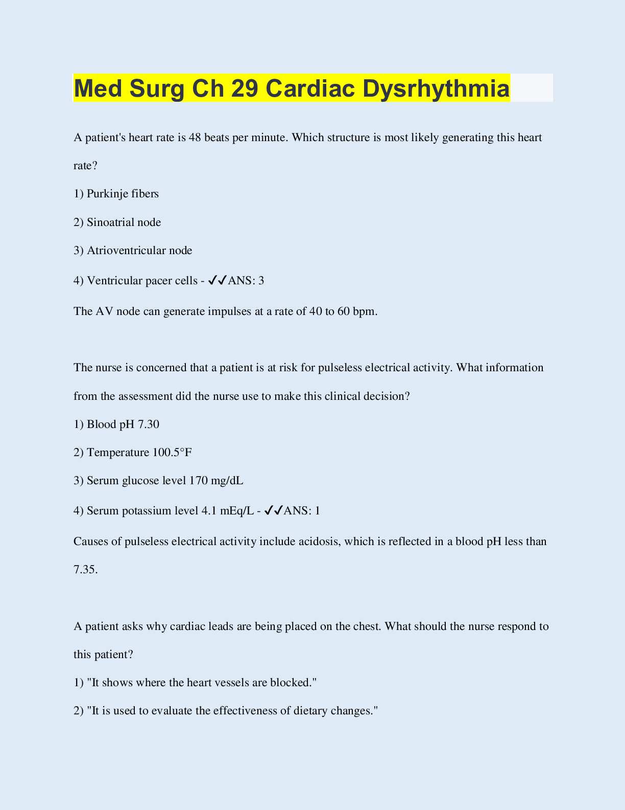 Preview of Med Surg Ch 29 Cardiac Dysrhythmia
